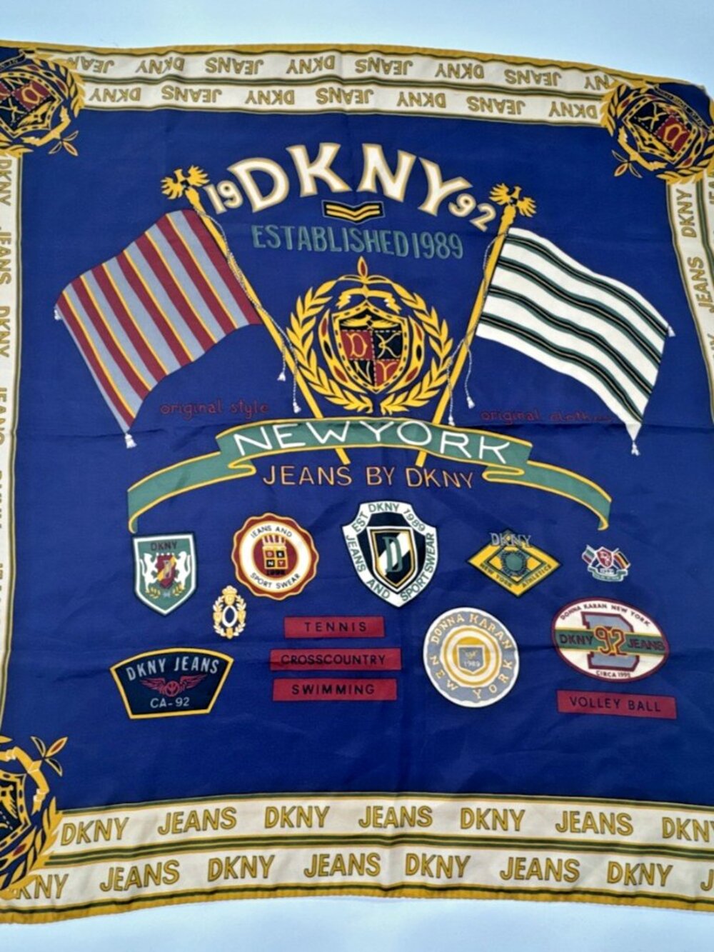 Vintage Donna Karan DKNY Scarf New York Jeans Silk Crests Flags Italy 1992 Sport